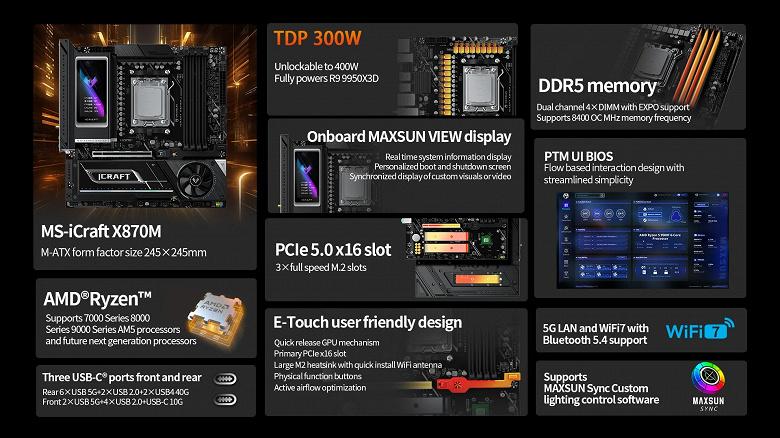 Материнская плата iCraft X870M в «total black» с тремя SSD PCIe 5.0, крупным дисплеем, кулером и поддержкой 400-Вт ЦП