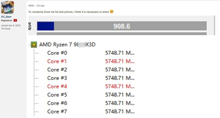 Новый игровой 8-ядерник AMD с большим кэшем, способный держать 5,75 ГГц на всех ядрах: Ryzen 7 9850X3D засветился в тесте