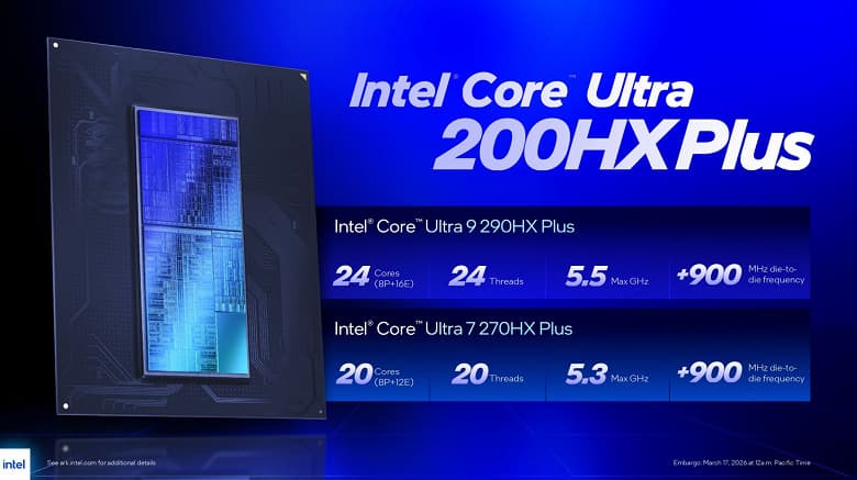 Intel продолжает серию анонсов: представлены флагманские чипы Core Ultra 9 290HX Plus и Core Ultra 7 270HX Plus