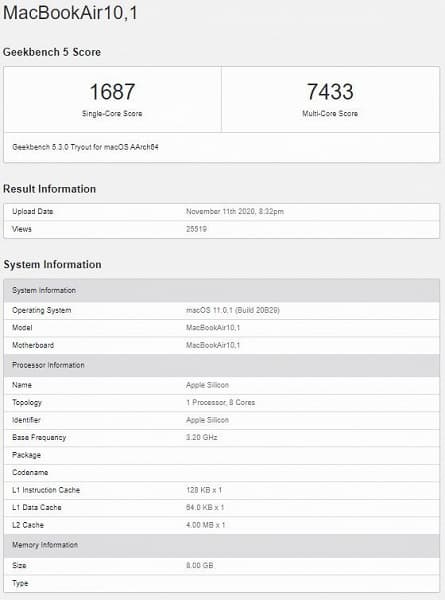 MacBook Air на процессоре M1 уничтожил 16-дюймовый MacBook Pro на процессоре Intel Core i9 в тесте Geekbench