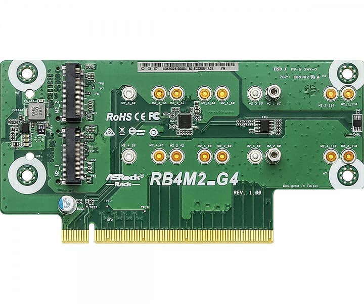 Карта расширения ASRock Rack RB4M2_G4 позволяет подключить в слот PCIe 4.0 до четырех SSD типоразмера M.2
