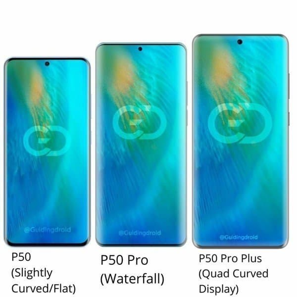 Huawei P50, P50 Pro и P50 Pro Plus вместе на одном рендере