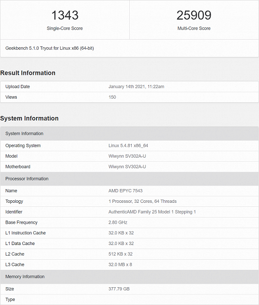 Серверный процессор AMD Epyc 7543 (Milan) с 32 ядрами Zen 3, работающий на частоте 3,7 ГГц, протестирован в Geekbench 5