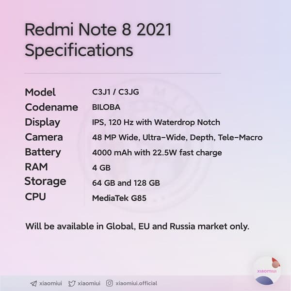 Специально для России и Европы. Redmi готовит обновленный Redmi Note 8 – на платформе MediaTek Helio G85 и с MIUI 12.5 из коробки