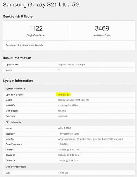 Samsung Galaxy S21 Ultra с Android 12 засветился в Сети