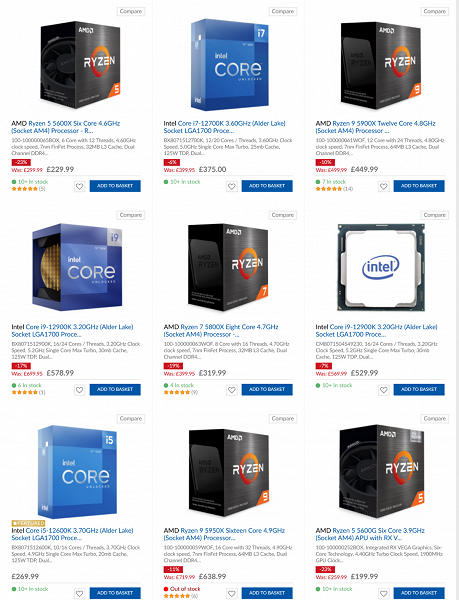 Хитовый Ryzen 5 5600X подешевел в США до 230 долларов, а Core i7-12700K стал самым продаваемым процессором на площадке Amazon в США