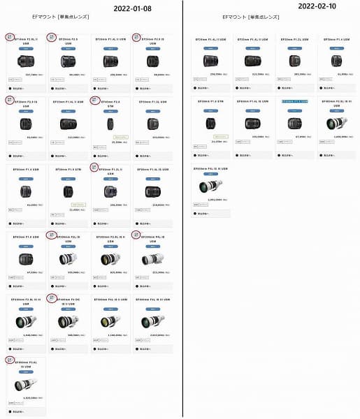 Всего за месяц число моделей объективов с креплением EF на японском сайте Canon сократилось с 21 до 9
