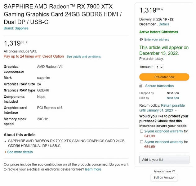 Radeon RX 7900 XTX появилась в продаже во Франции. За референсную модель просят 1319 евро