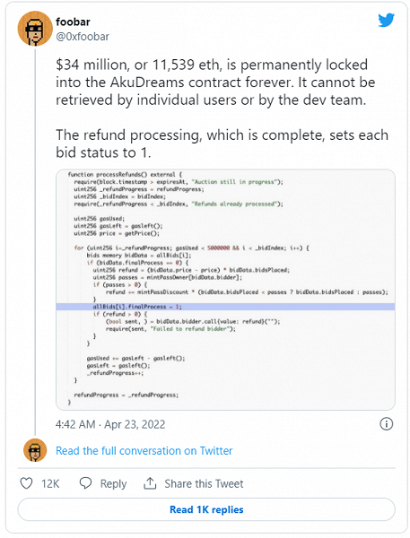 Из-за ошибки в коде пользователи голландского аукциона NFT-проекта AkuDreams лишились 11 539 ETH