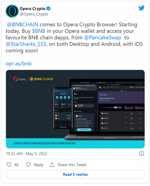 Браузер Opera внедрил поддержку прямого доступа к BNB Chain