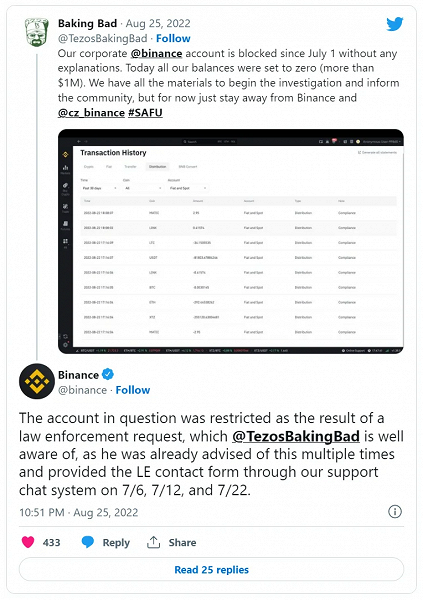 Криптобиржа Binance заблокировала счёт с цифровыми активами на сумму $ 1 млн