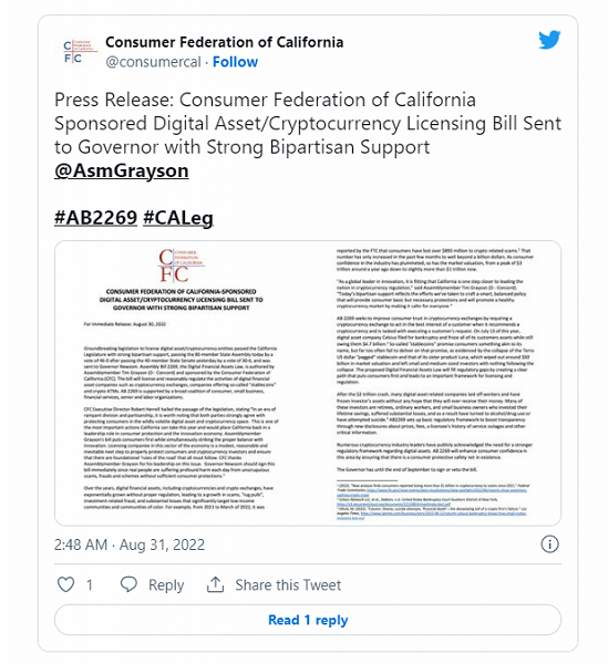 Законодательное собрание Калифорнии одобрило законопроект о крипторегулировании в штате