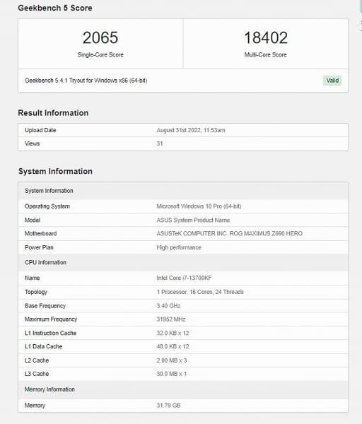 16-ядерный Intel Core i7-13700KF демонстрирует впечатляющую производительность в Geekbench: он на 15-25% быстрее Ryzen 9 5950X