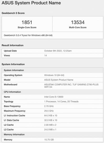 6 высокопроизводительных ядер, 8 энергоэффективных и базовая частота всего 2,7 ГГц. Intel Core i5-13600 протестировали в Geekbench