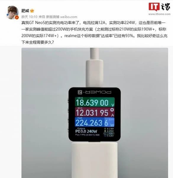 Первый тест 240-ваттной зарядки Realme GT Neo5 показал, что 240 Вт она не обеспечивает