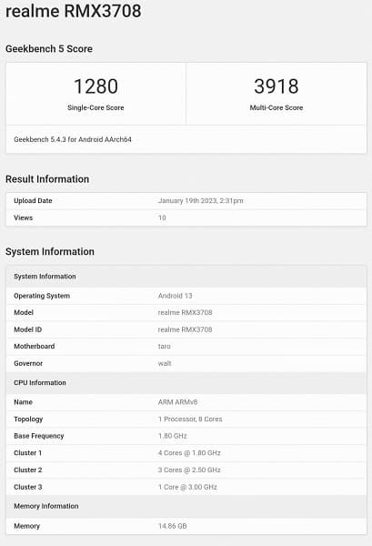 Realme GT Neo5 c поддержкой 240 Вт протестировали в Geekbench. Каков результат?