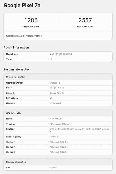 Флагман, который медленнее многих смартфонов среднего уровня. Google Pixel 7a протестировали в Geekbench