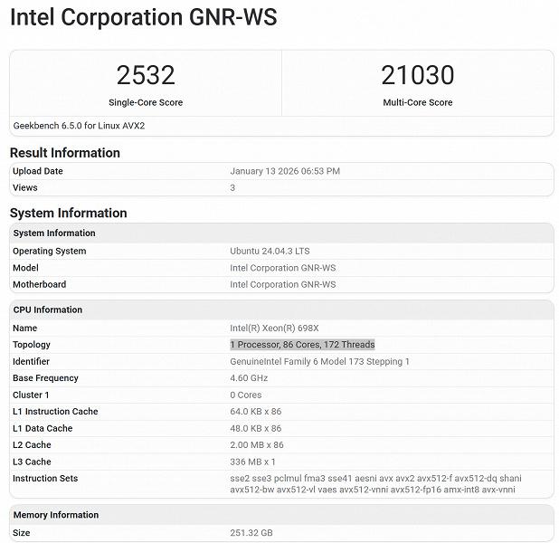 86 ядер, 336 МБ кэша L3 и частота 4,6 ГГц. Результаты Intel Xeon 698X в Geekbench