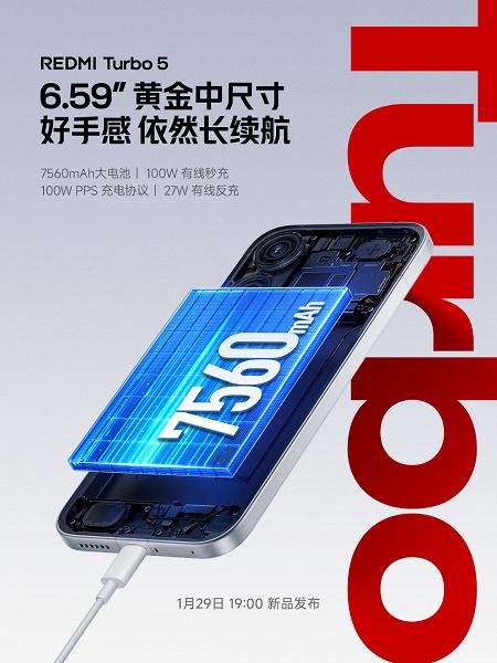 Анонсирован Redmi Turbo 5: дисплей 6,59 дюйма, обратная зарядка и батарея 7560 мАч