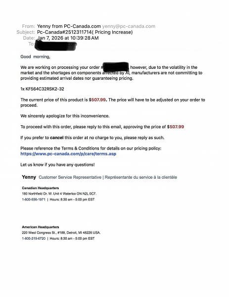 Доплати за память или откажись от нее: ритейлер потребовал доплату за комплект оперативной памяти на следующий день после подтверждения заказа